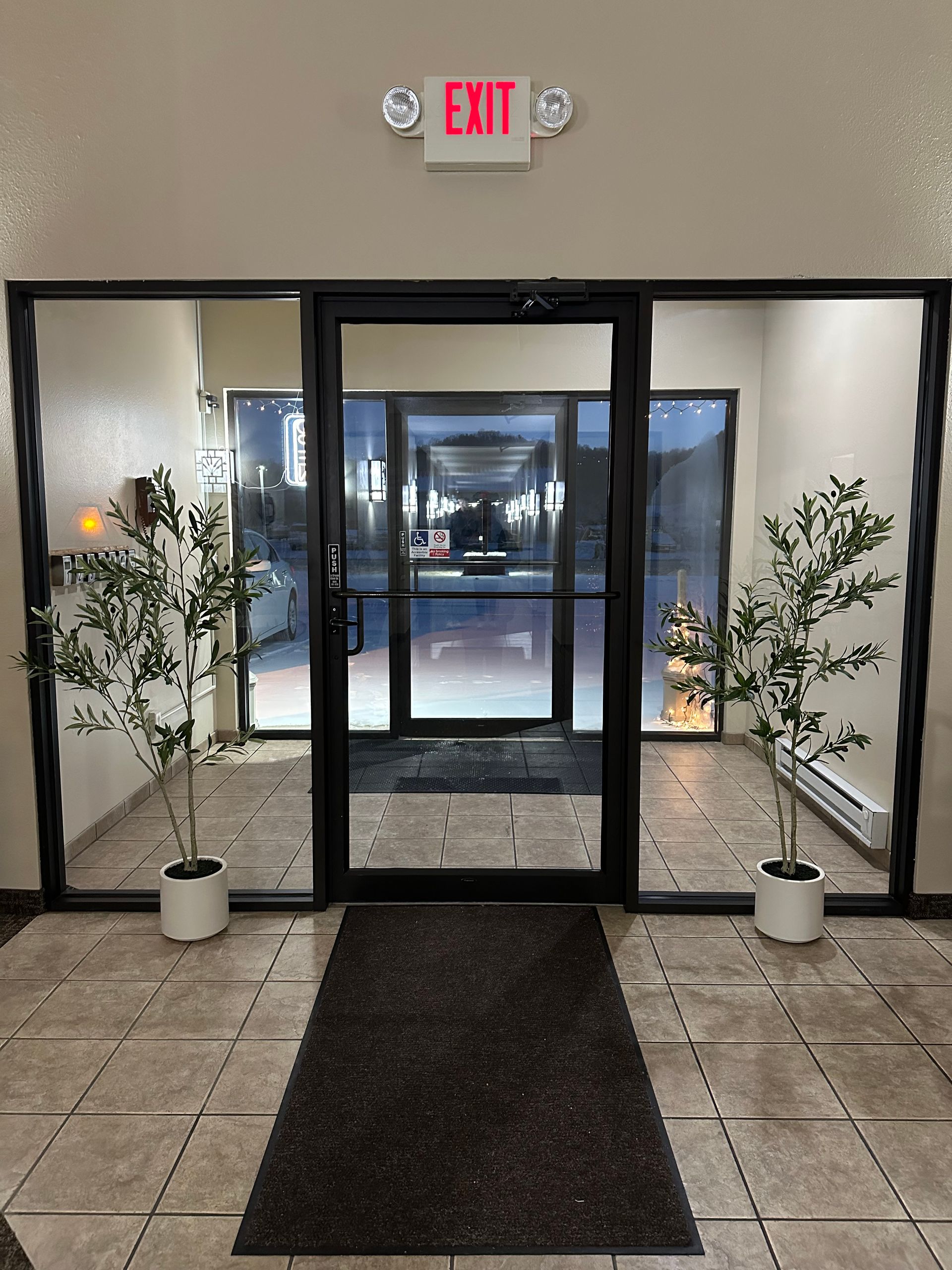 Glass entryway with black frames. An exit sign is above the door. Potted plants flank the door.