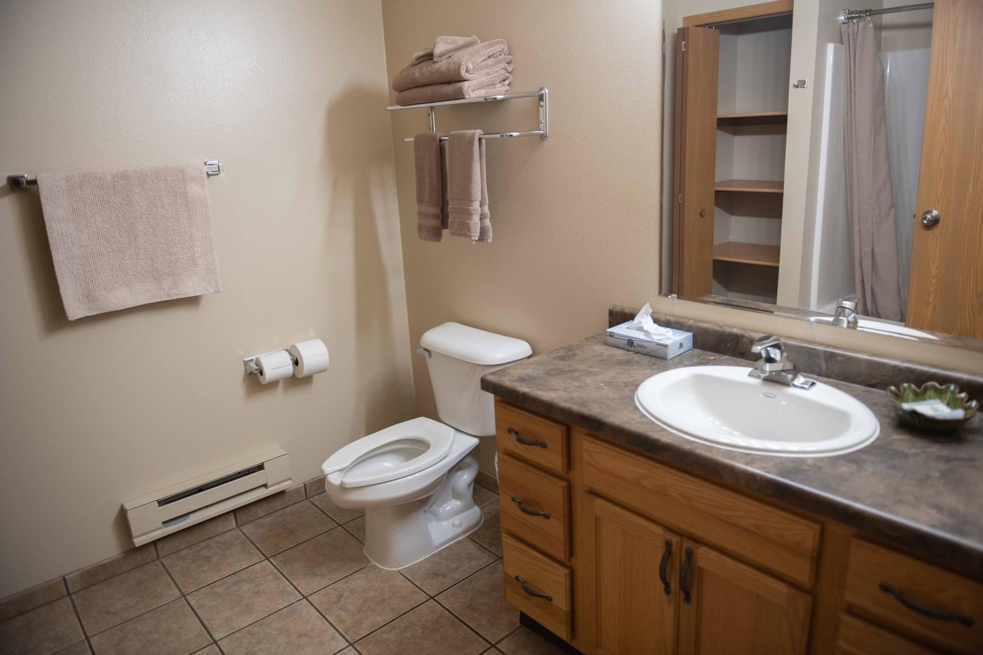 Bathroom with toilet, sink, cabinet, towels, and beige walls.