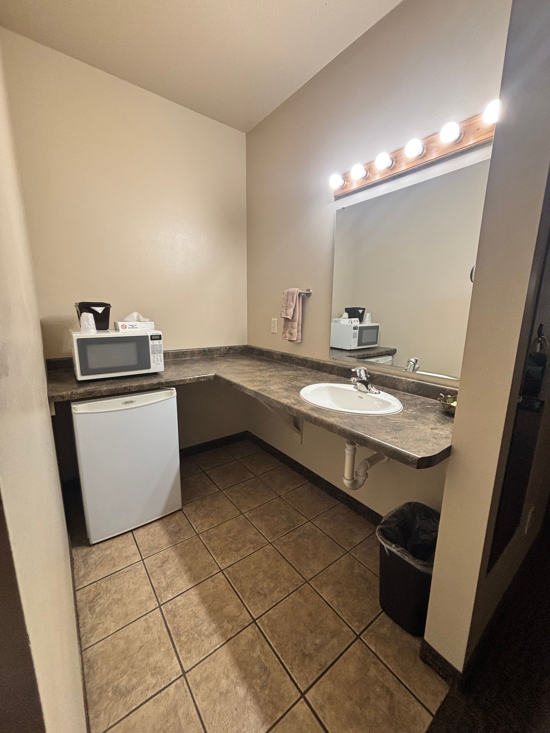 Small bathroom with a counter, sink, mirror with lights, microwave, mini-fridge, and trash can.