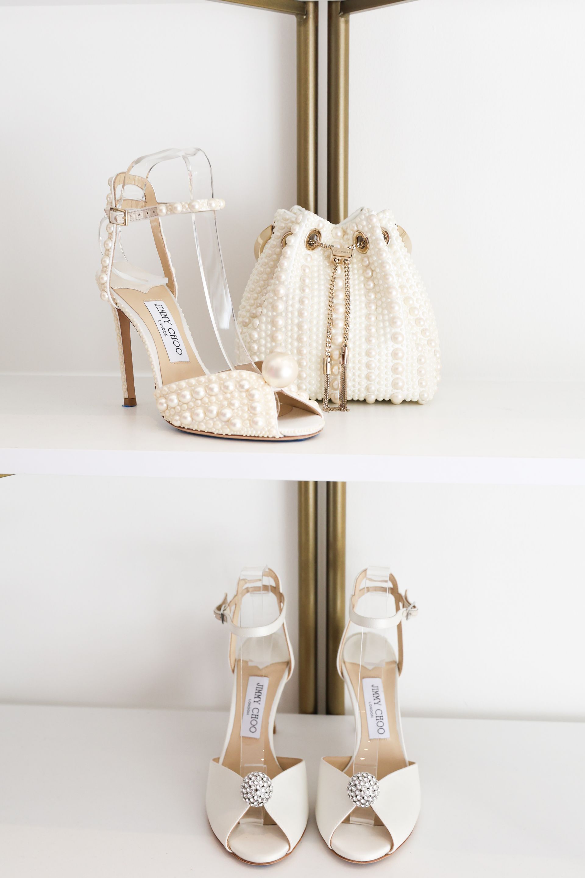 Jimmy Choo Sacora 100 pearl bridal shoe and matching bon bon bag at House Of Luxe Bridal Atelier