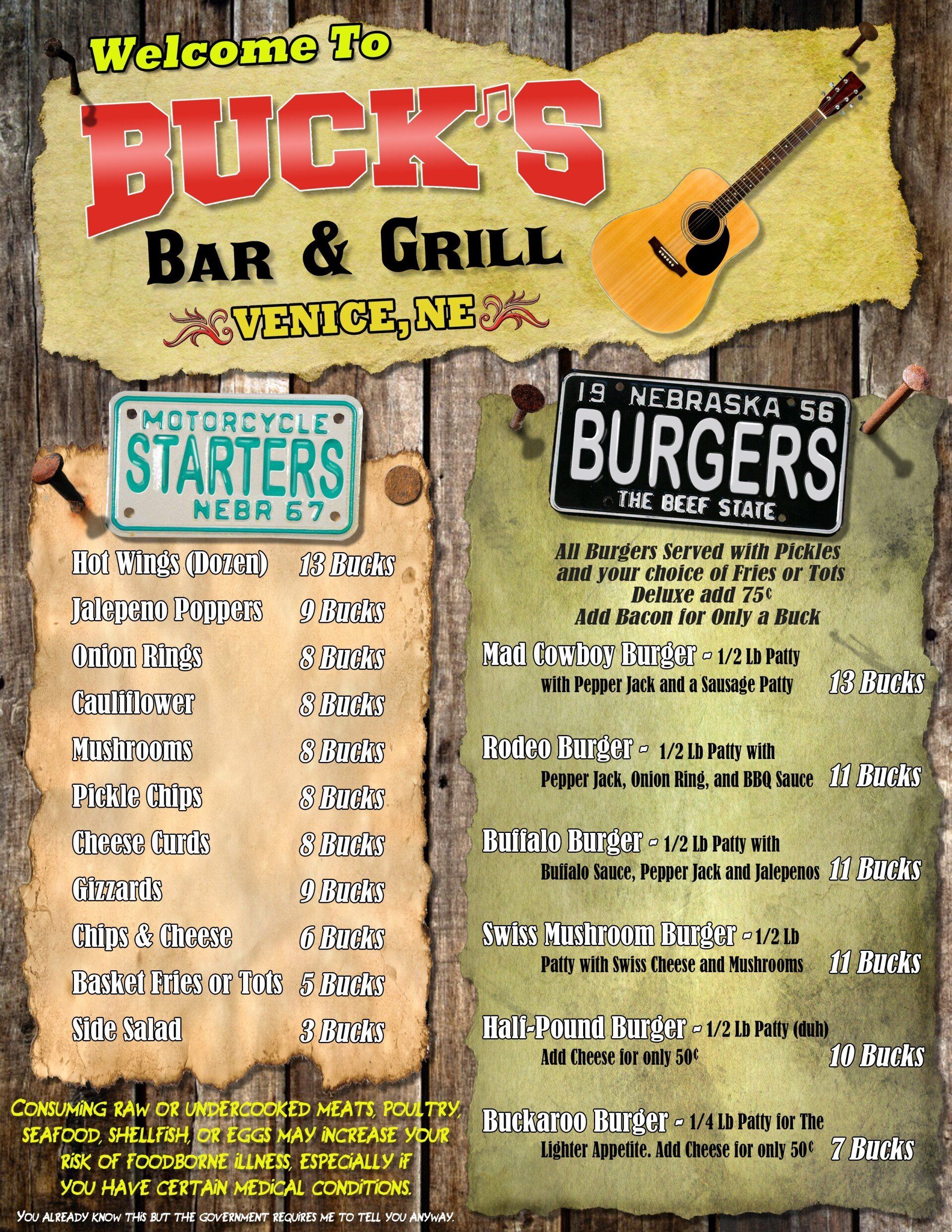 Bucks Bar & Grill Menu