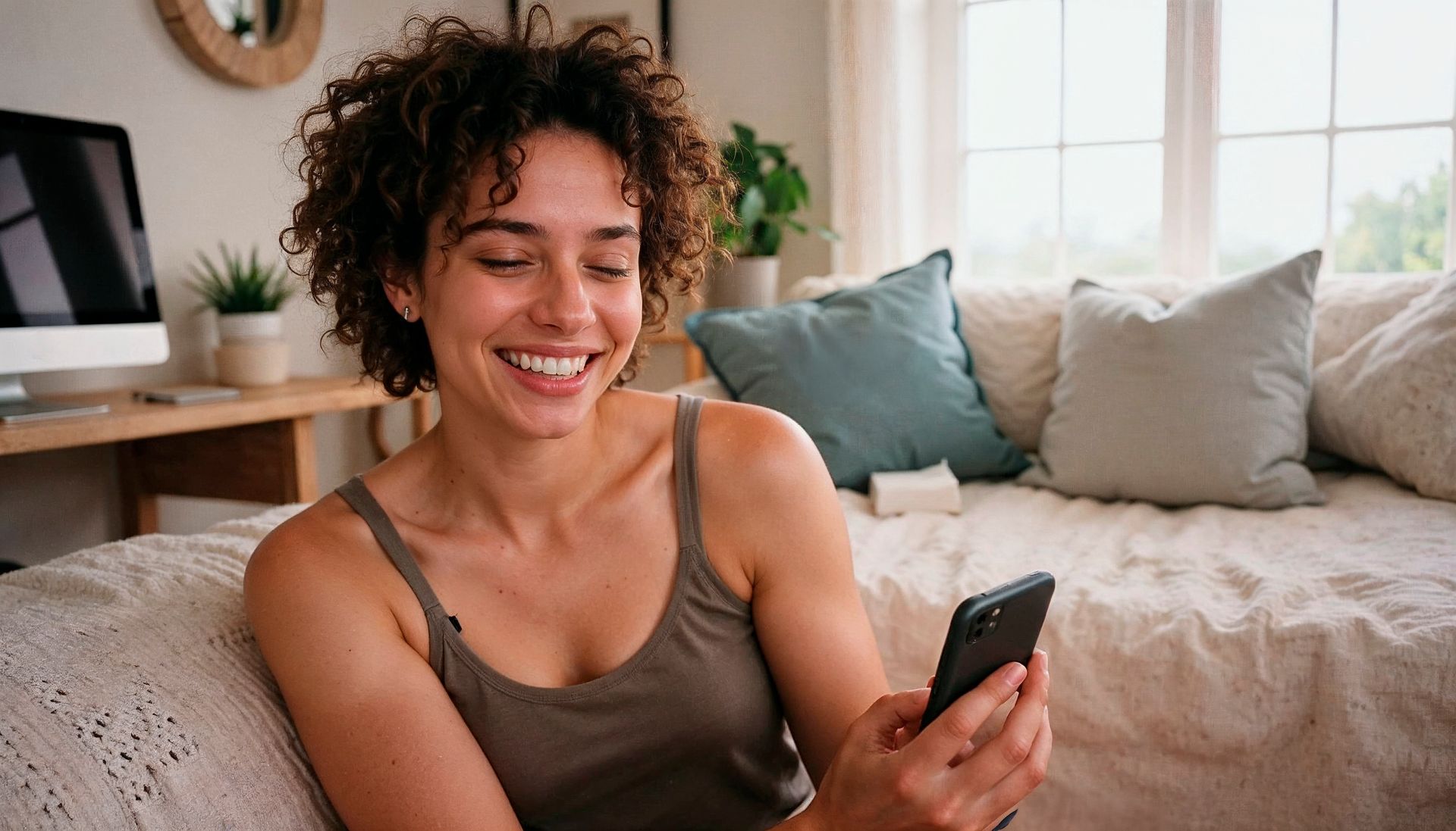 Woman with curly hair smiles while looking at a phone in a living room.