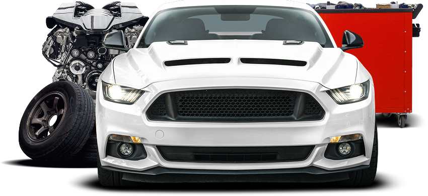 White car, engine, tire, and toolbox on a white background. | B&R AUTO GROUP LLC