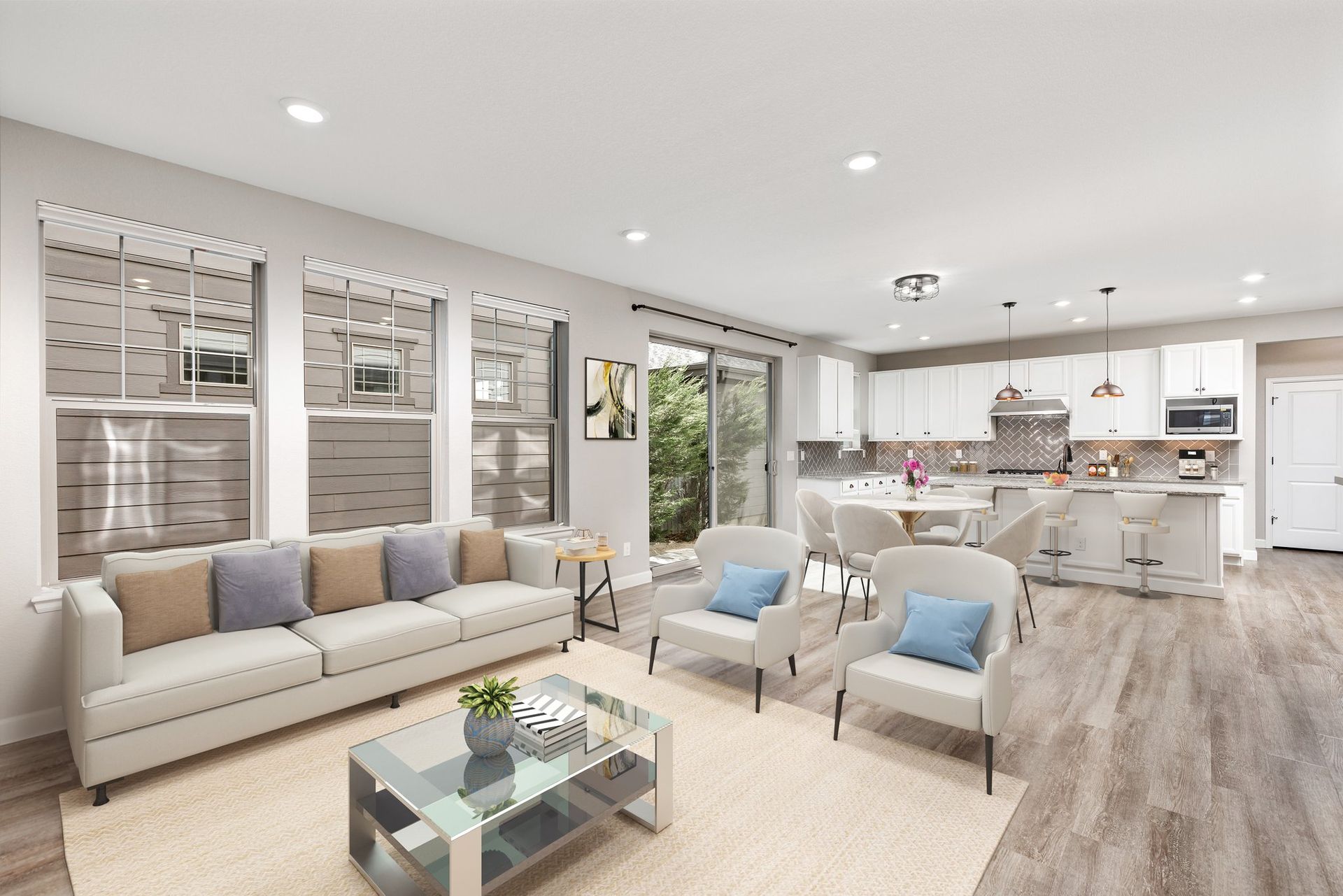 An artist 's impression of a living room and dining room in a house.