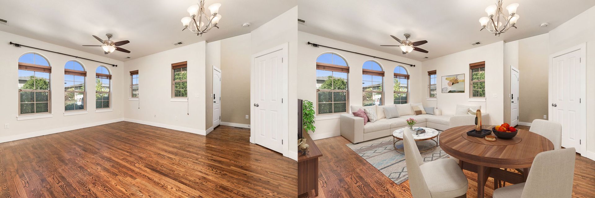 A before and after photo of a living room and dining room in Central Park Colorado.