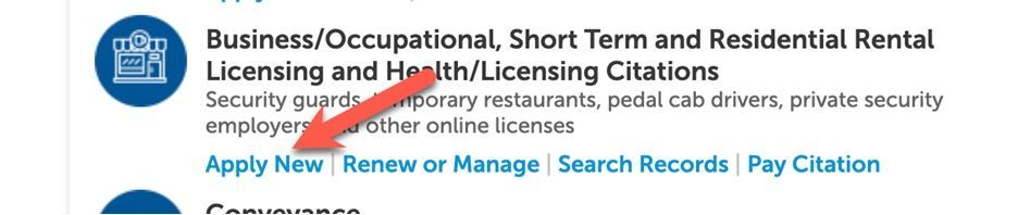 A red arrow points to the business occupational short term and residential rental licensing and health licensing citations