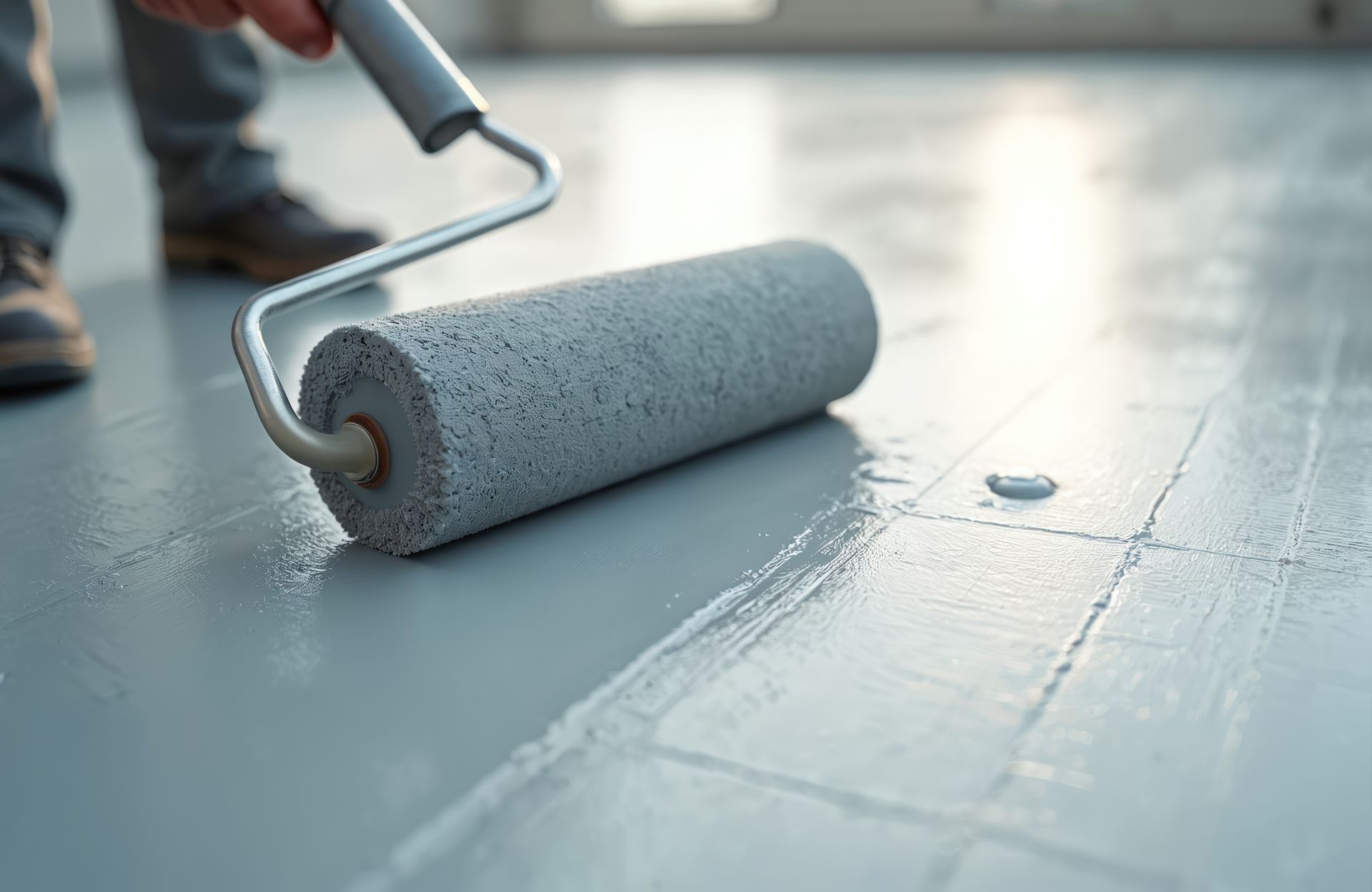 A person is painting a floor with a roller.