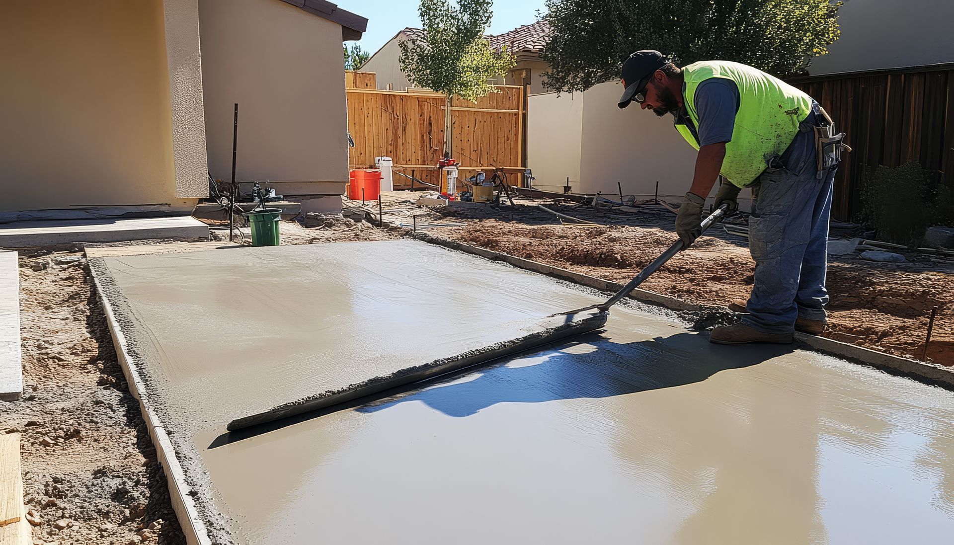 A man is spreading concrete on a sidewalk in front of a house.