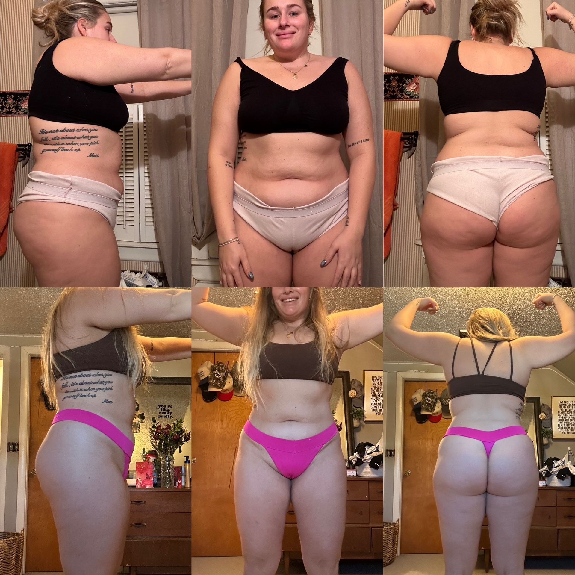 A woman in pink underwear is flexing her muscles in a collage of photos.