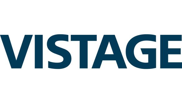 Blue “VISTAGE” wordmark on a white background