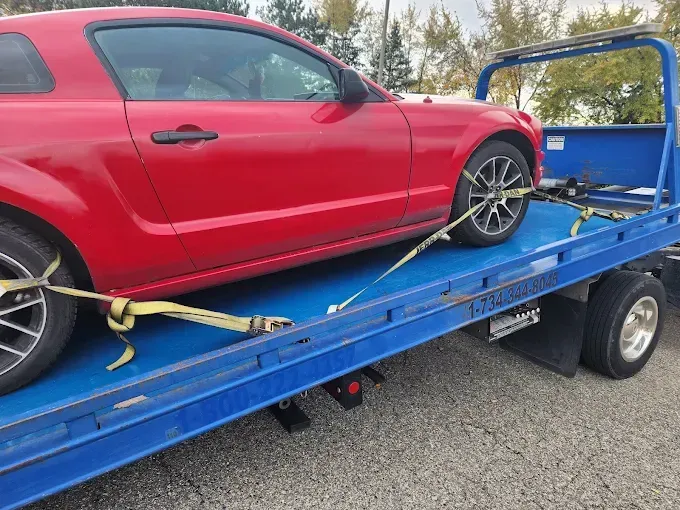 Red Mustang car secured on a blue tow truck bed, ready to be transported.