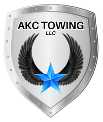 AKC Towing logo: silver shield with wings, blue star, and text "AKC TOWING LLC".