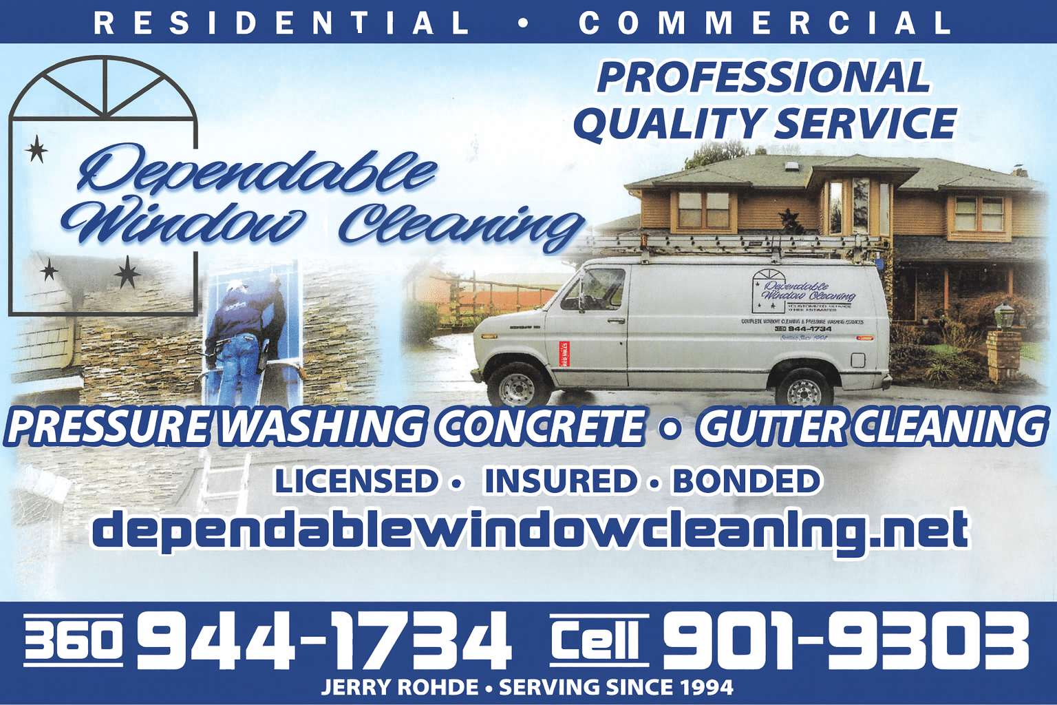 Advertisement for Dependable Window Cleaning, including services and contact information.