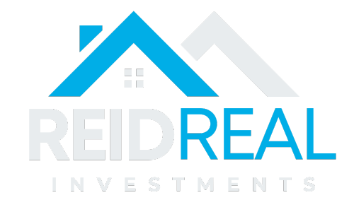 A blue and white logo for reid real investments