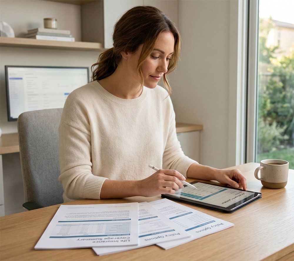 Reviewing life insurance policy details Client reviewing life insurance policy information on a tablet