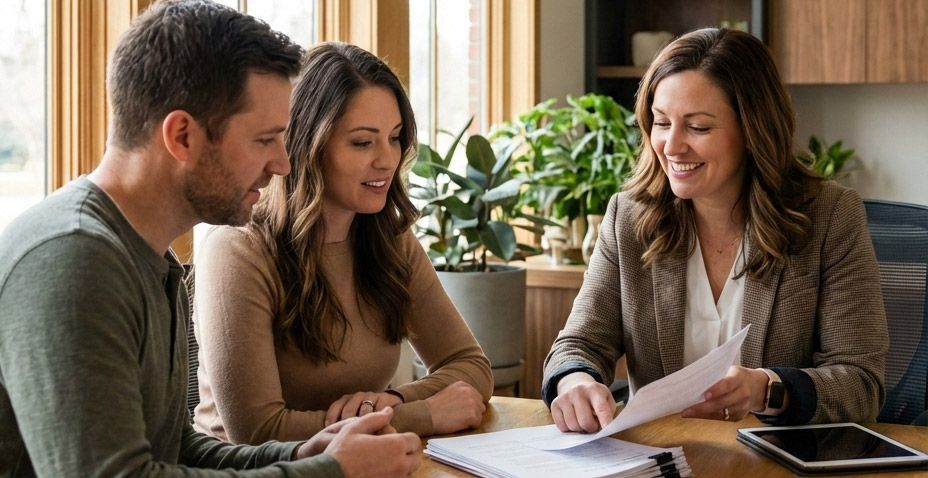 Insurance advisor reviewing life insurance paperwork with a couple