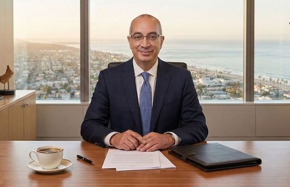 Nicholas Panos seated at an executive desk in a professional office overlooking the coast