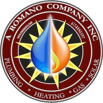 The logo for a romano company inc shows a drop of water and a drop of gas