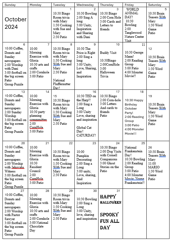 Activity Calendar | Oakhill Manor