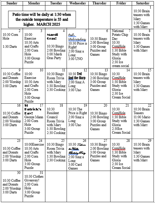 Activity Calendar | Oakhill Manor