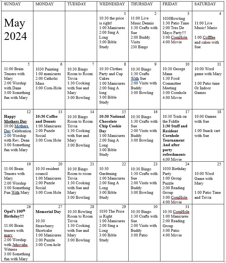 Activity Calendar | Oakhill Manor