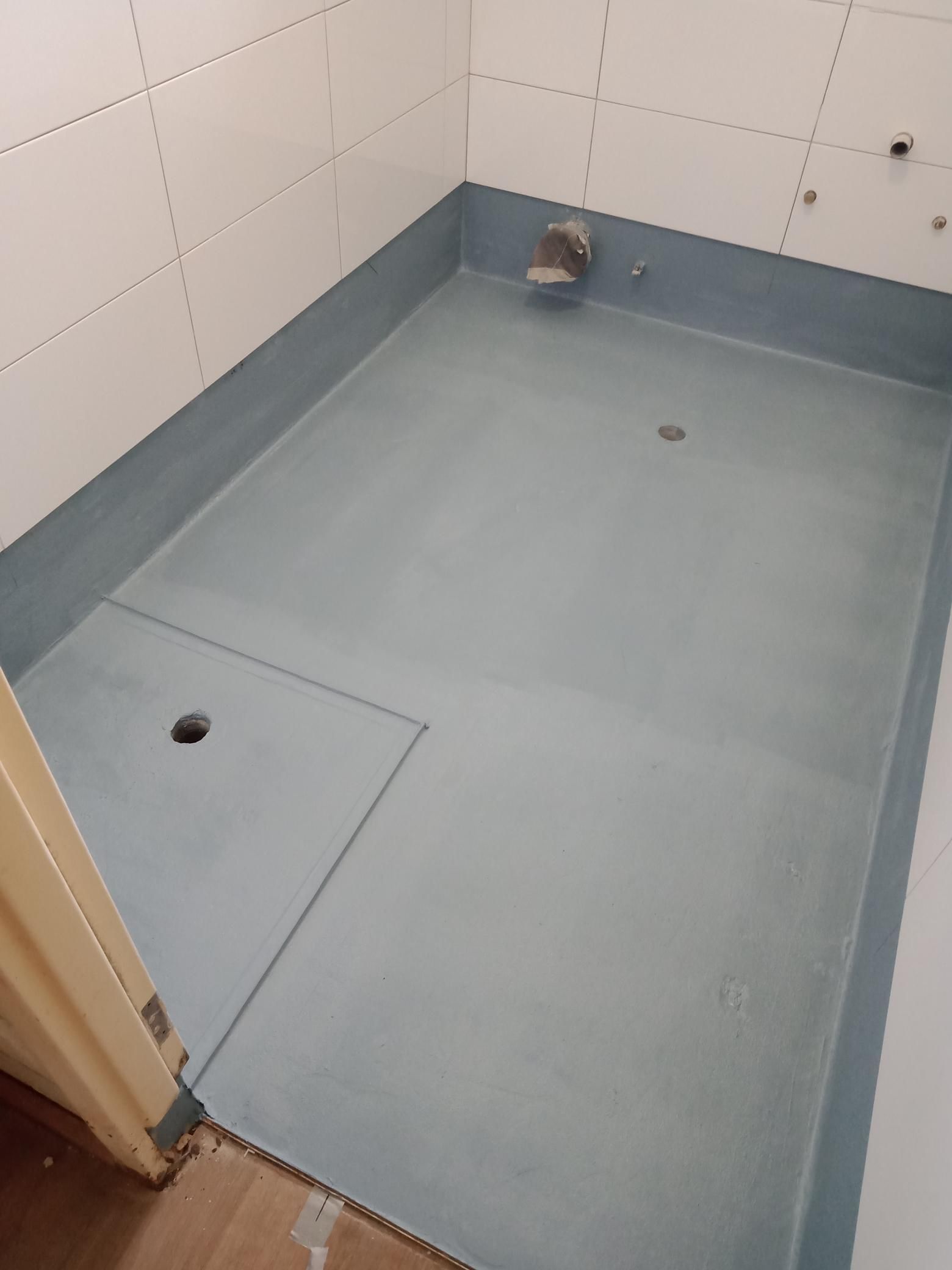 A bathroom with a blue floor and white tiles.