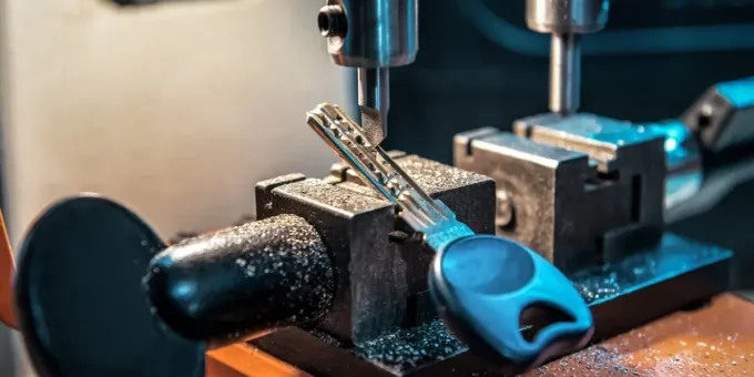 Primo piano di una macchina duplicatrice di chiavi in metallo con struttura arancione e blu scuro, che mostra una chiave tenuta in una morsa metallica.