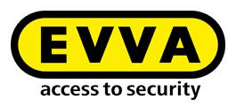 Il logo EVVA presenta lettere nere su uno sfondo rettangolare giallo e arrotondato, con la scritta "accesso alla sicurezza" sottostante.