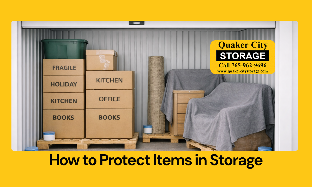 Organized self storage unit with boxes on pallets and covered furniture to protect items.