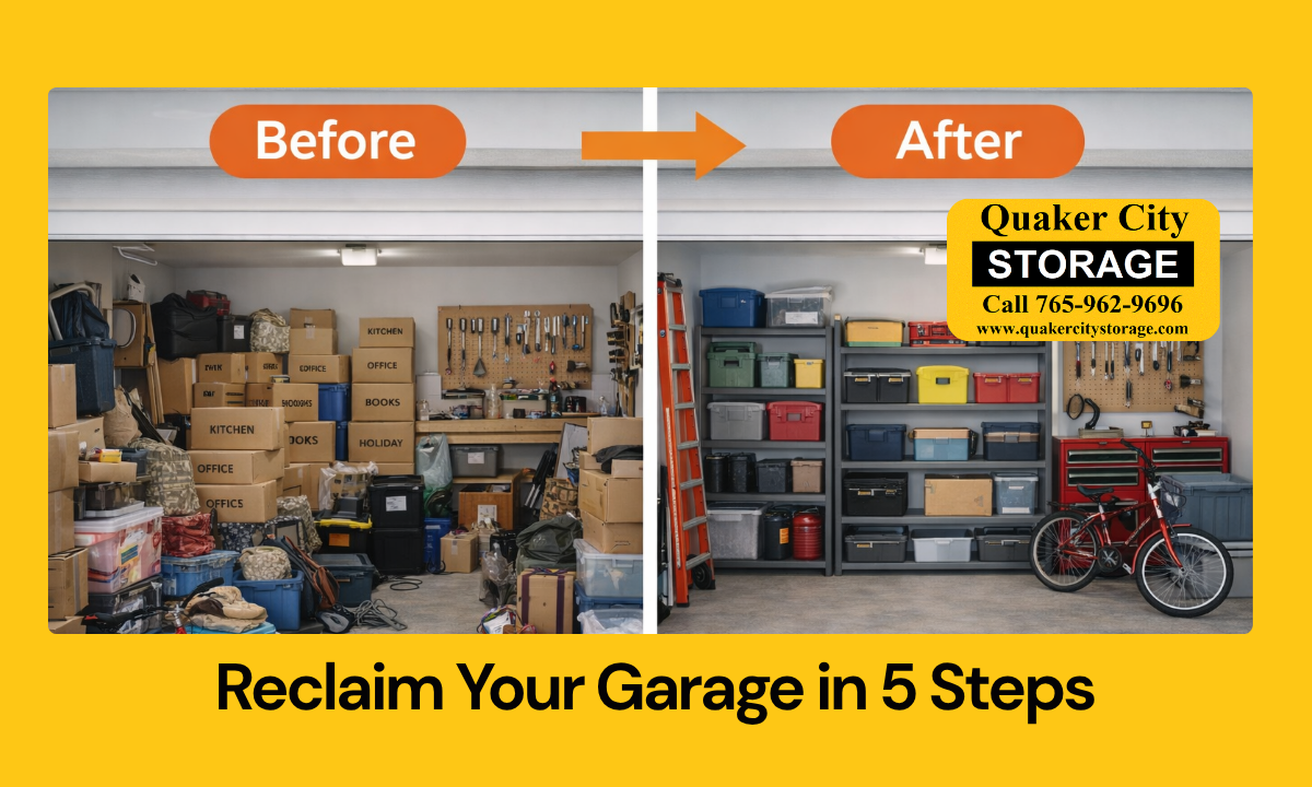Clean garage with shelves, bins, and open floor space after decluttering and organizing