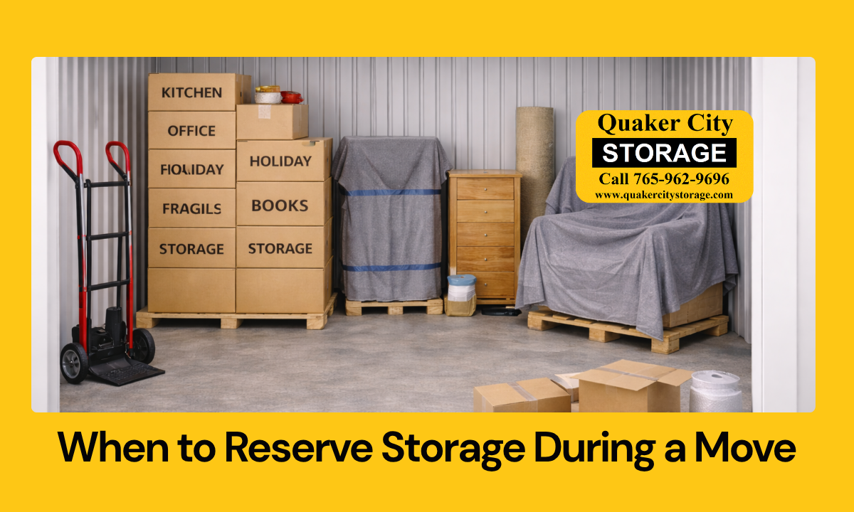 Boxes and furniture being placed into a storage unit during a home move