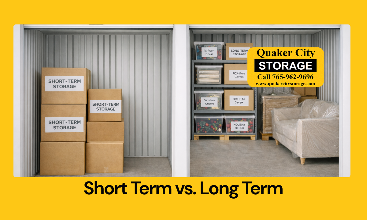 Self storage unit showing boxes for short-term storage and wrapped furniture for long-term storage