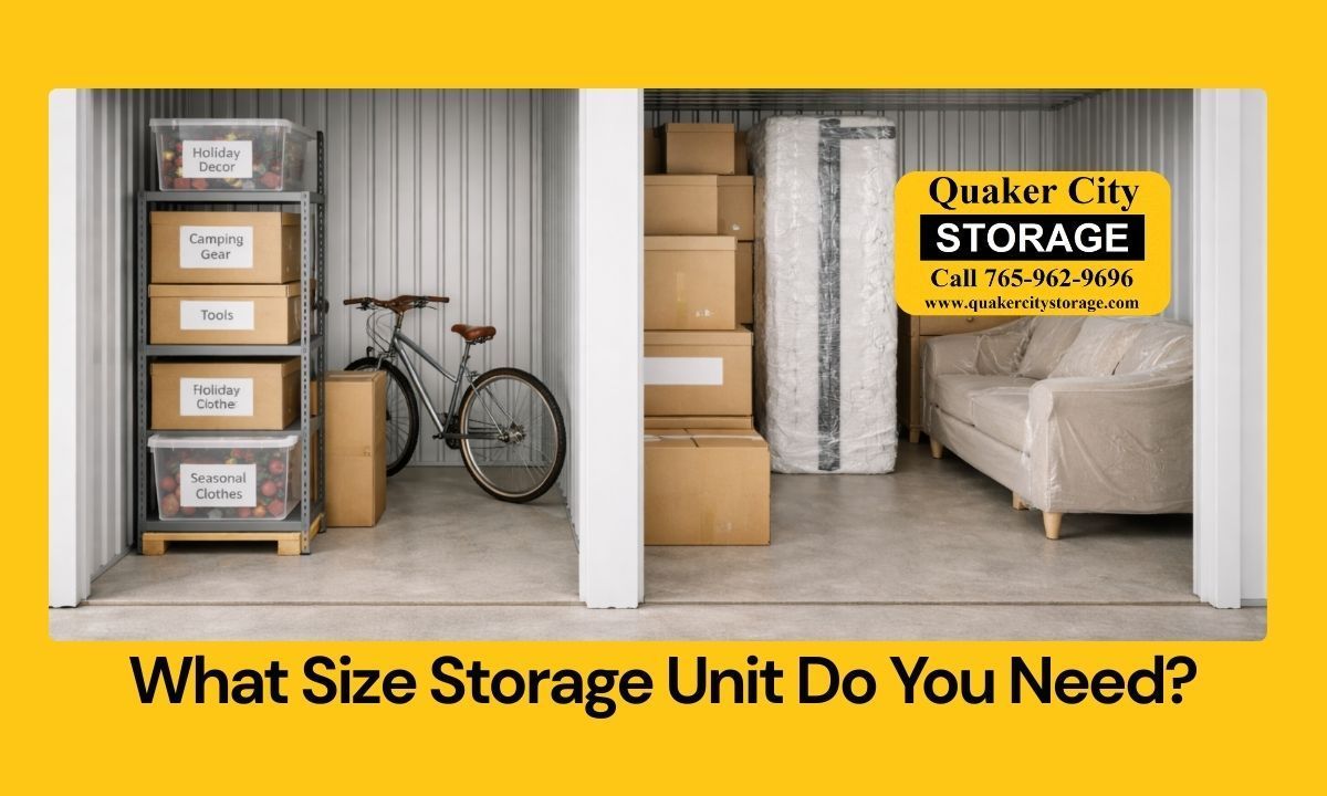Self storage units of different sizes displaying organized boxes and furniture to show space options