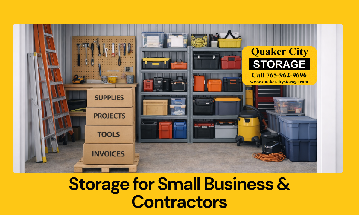 Organized storage space with tools, shelves, and boxes designed for contractor and small businesses.