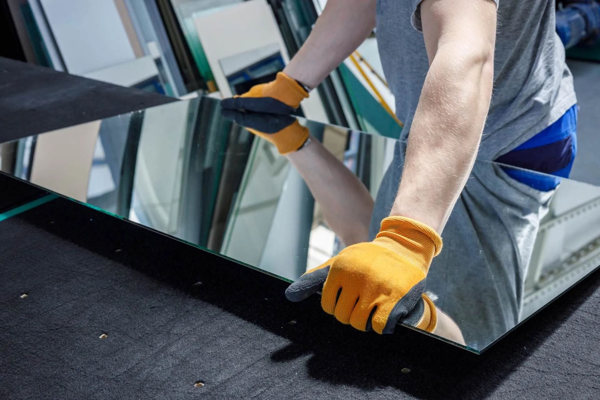 In un'officina, una persona con guanti da lavoro gialli tiene in mano e ispeziona una grande lastra di vetro riflettente.