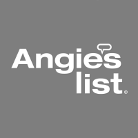the logo for angie 's list is white on a gray background .