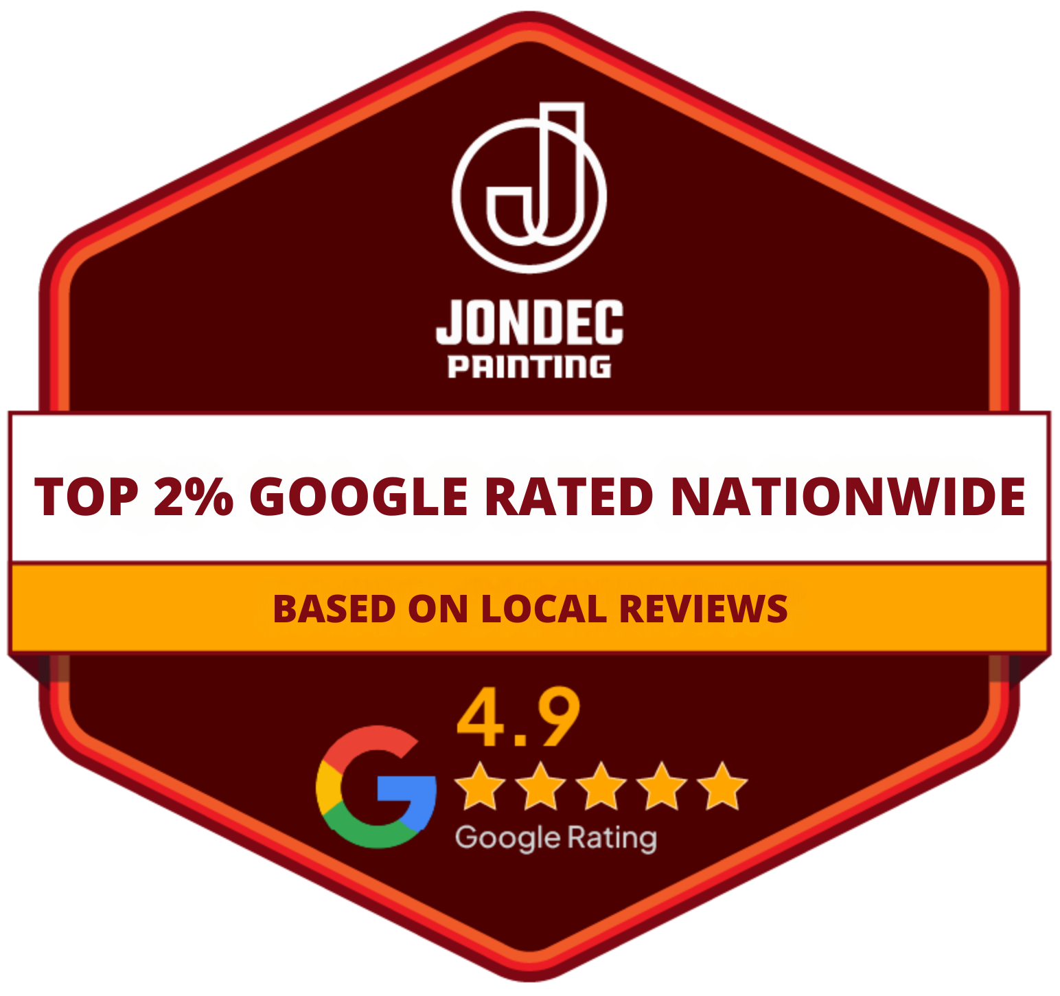 JONDEC Painting badge: top 2% Google rated nationwide, based on local reviews, 4.9 stars on red background