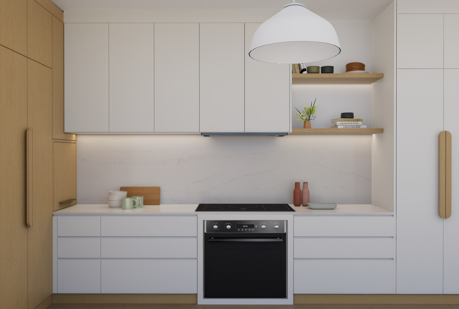 A kitchen with white cabinets and a black stove top oven.