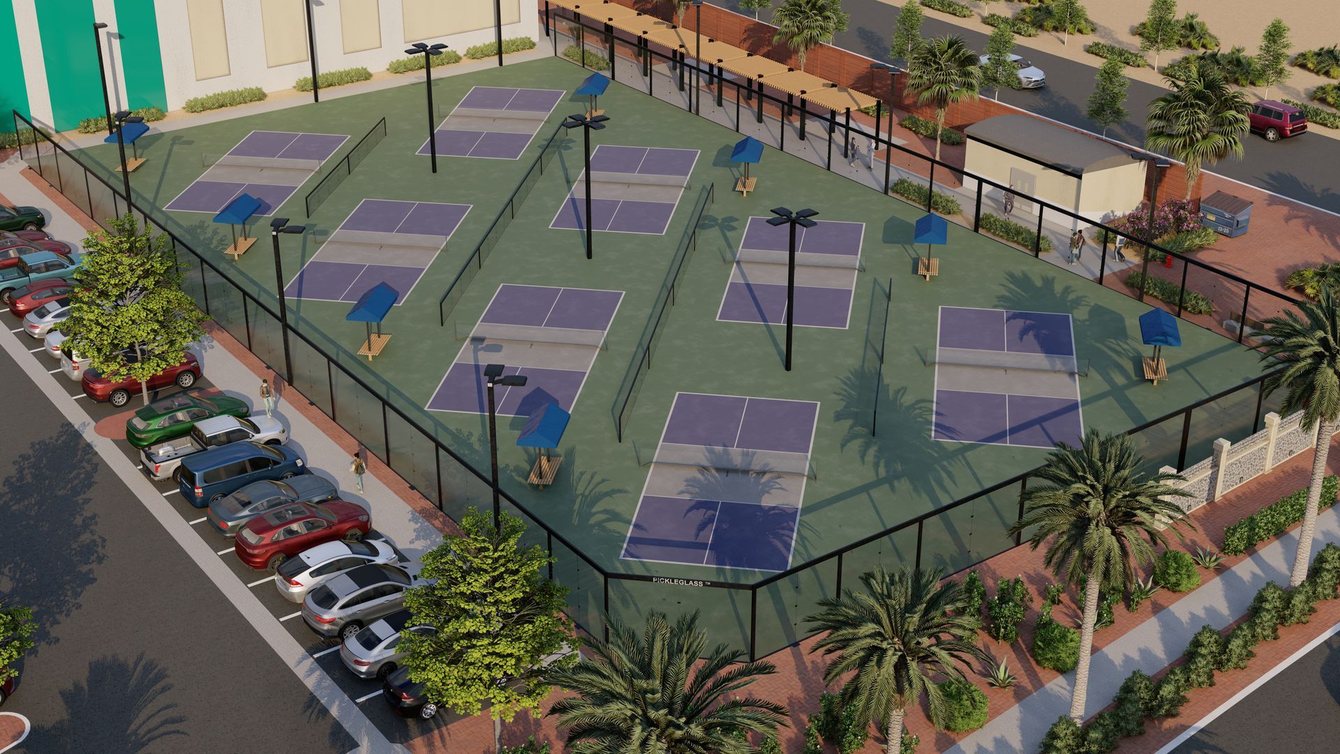 An aerial view of a eight pickleball courts