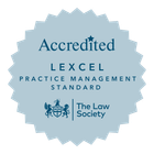 Blue badge reading “Accredited LEXCEL Practice Management Standard” with The Law Society logo