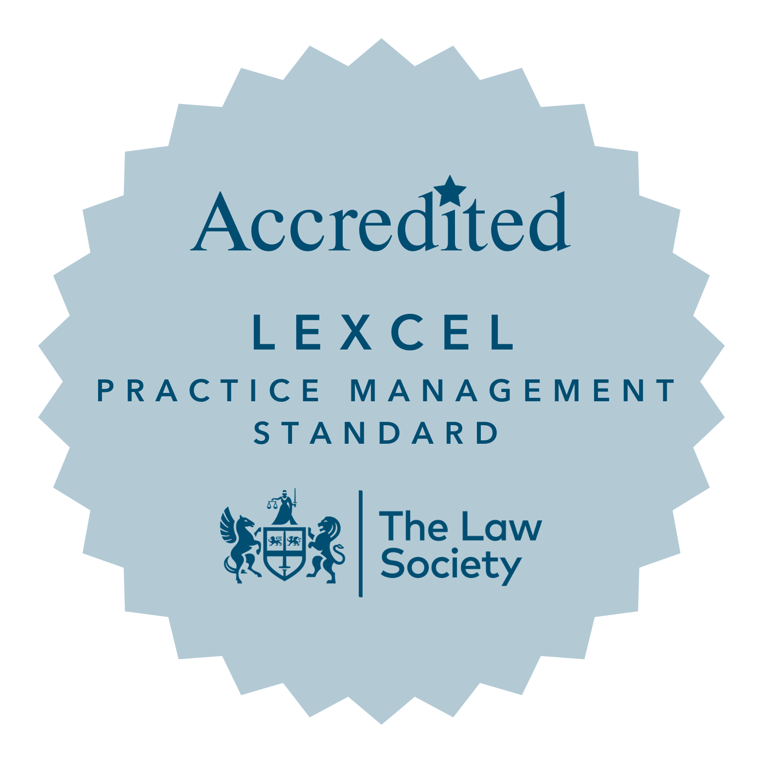 Blue badge reading “Accredited LEXCEL Practice Management Standard” with The Law Society logo