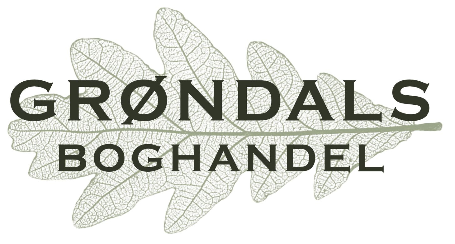 Logo med teksten "GR&Oslash;NDALS BOGHANDEL" i m&oslash;rke bogstaver oven p&aring; en skitse af et lysegr&oslash;nt egetr&aelig;sblad.