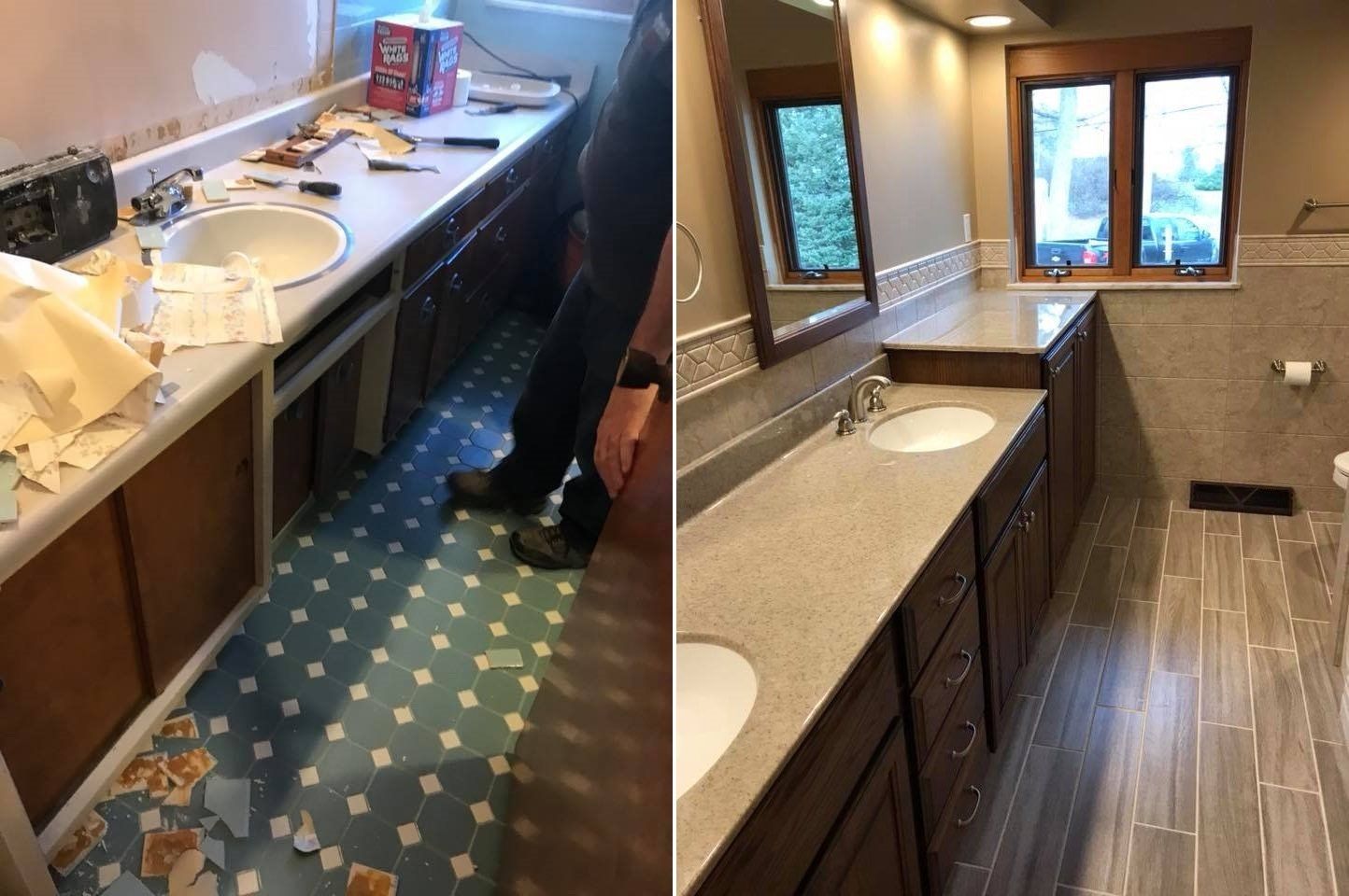 Before & After (Vanity tops, Cabinets, Wainscoting & Floors)