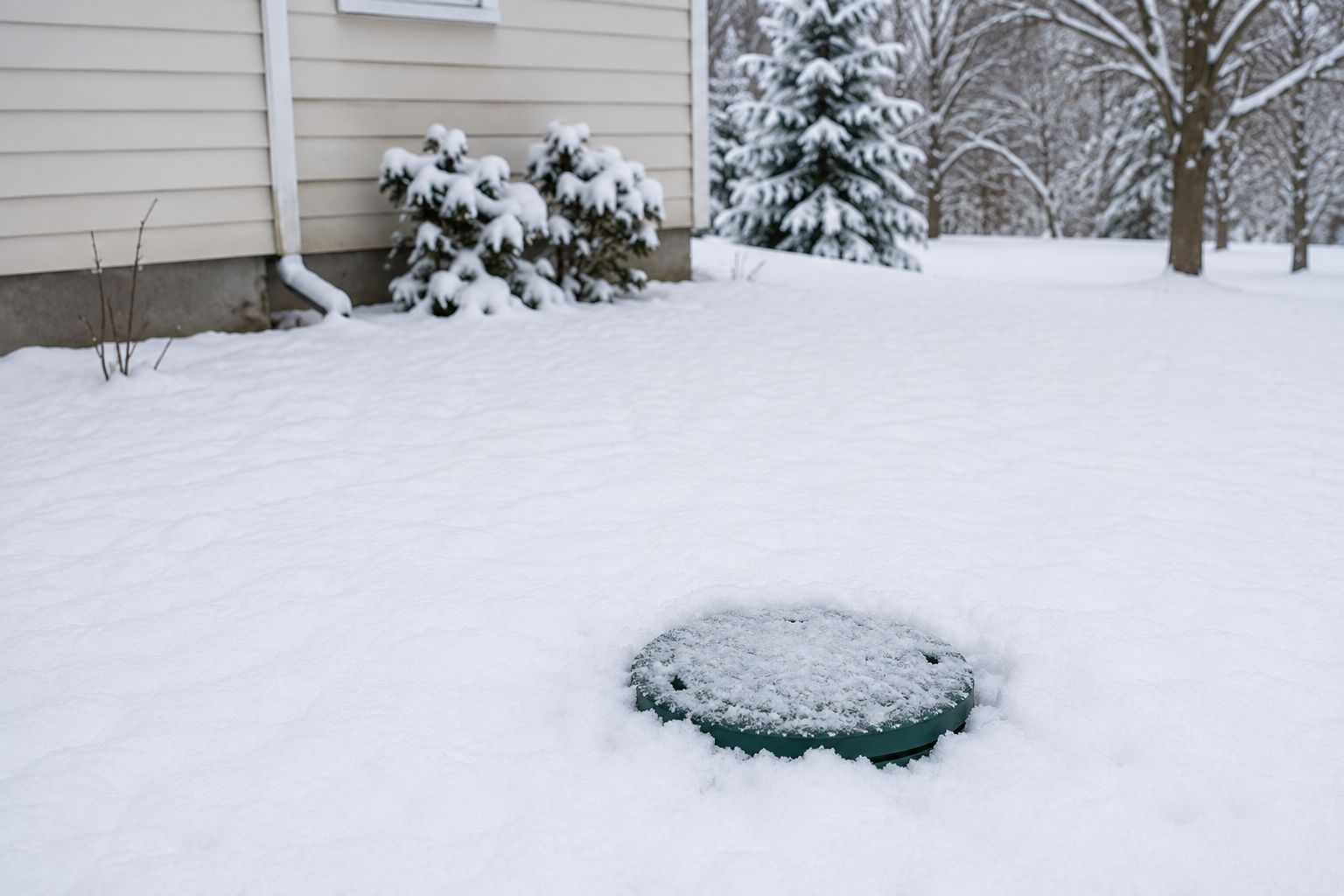 Snow-covered backyard with a buried round object near a house and trees