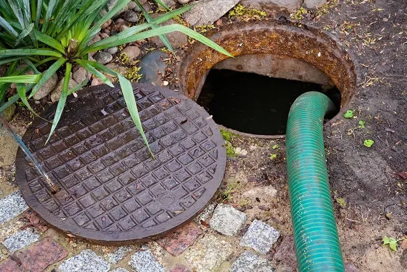A green hose is coming out of a manhole cover.