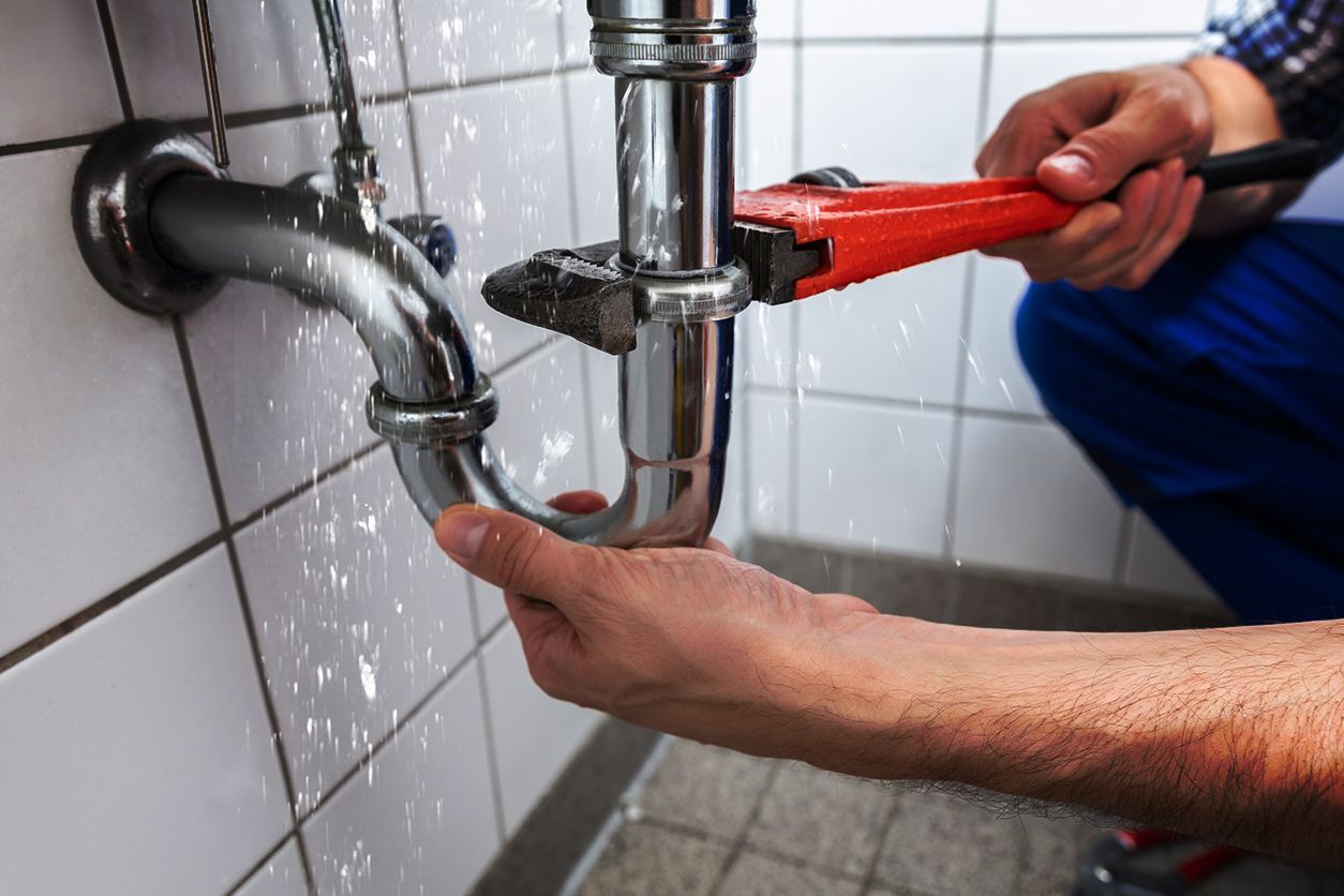 Plumber fixing a leaky pipe with a wrench in a tiled bathroom; water spraying.