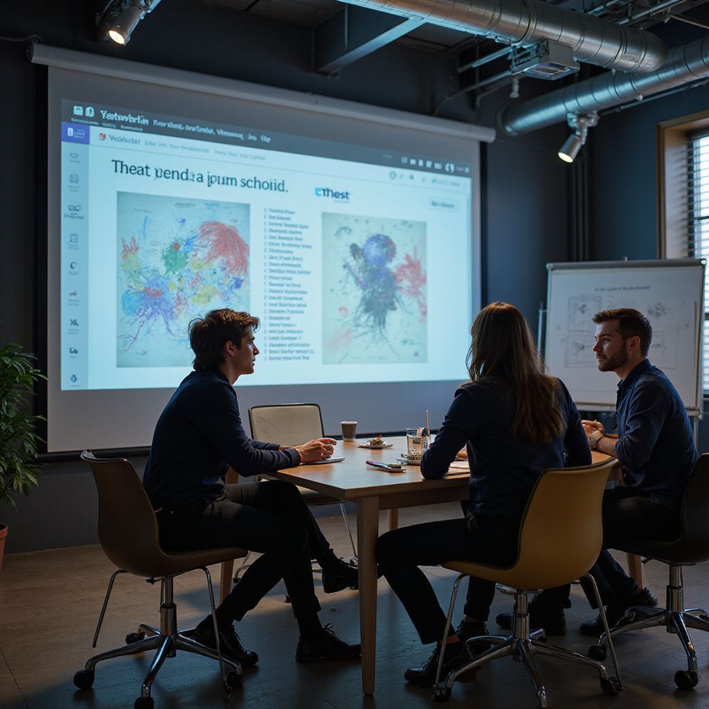 Three people in a meeting discussing a presentation on a projector screen, in a modern office.