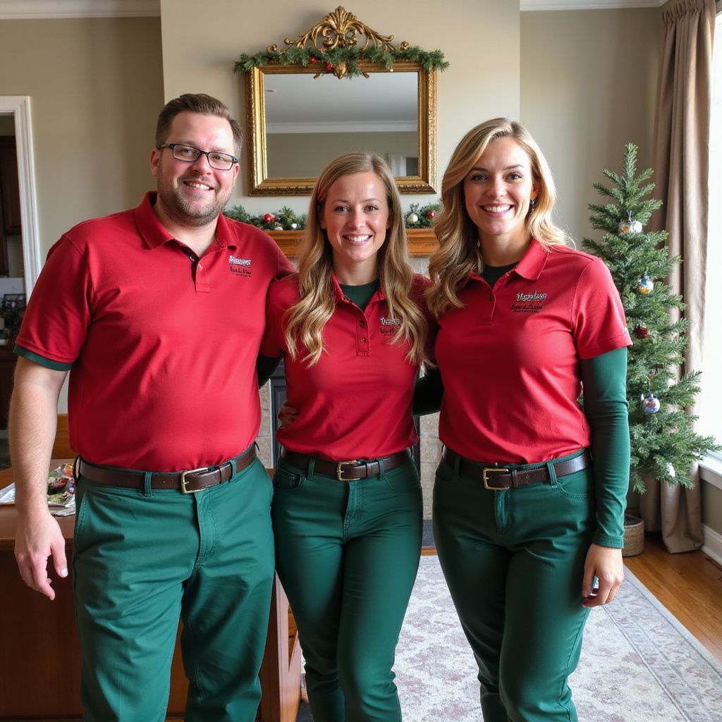 Three people wearing red shirts and green pants stand indoors near a Christmas tree.