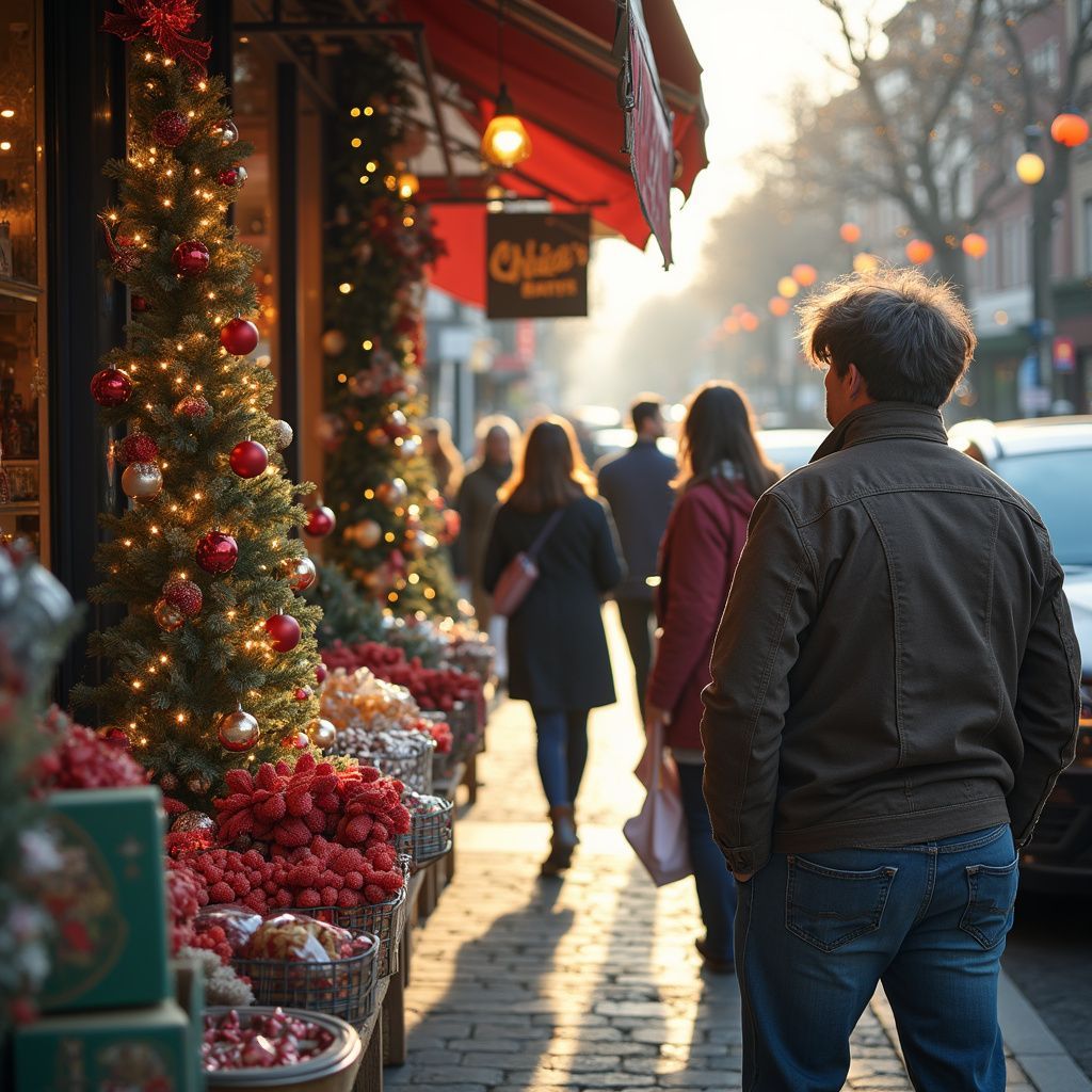 Street scene with Christmas decorations and people walking on a sunny day.
