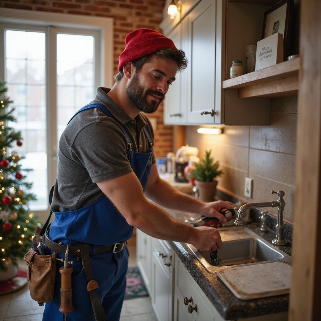 Man in overalls fixing kitchen sink, wearing a red hat, Christmas tree in the background.